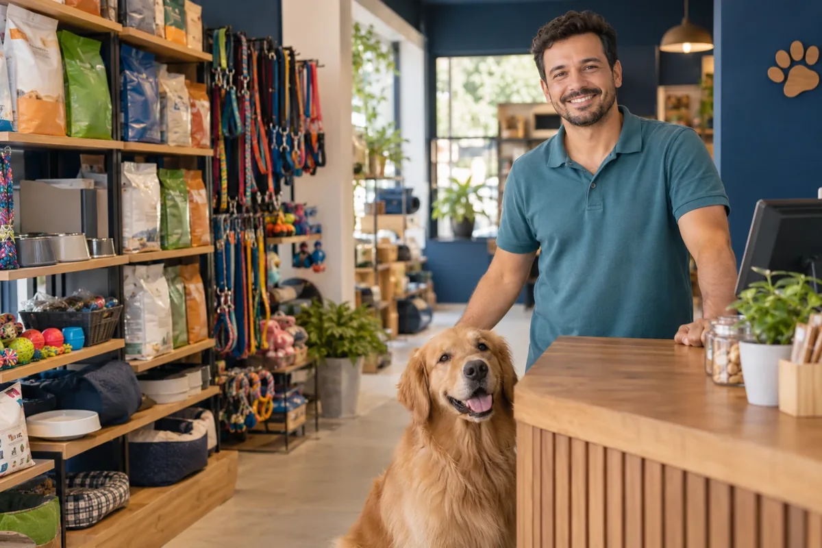Lojista em um pet shop com um cachorro e prateleiras de produtos para animais